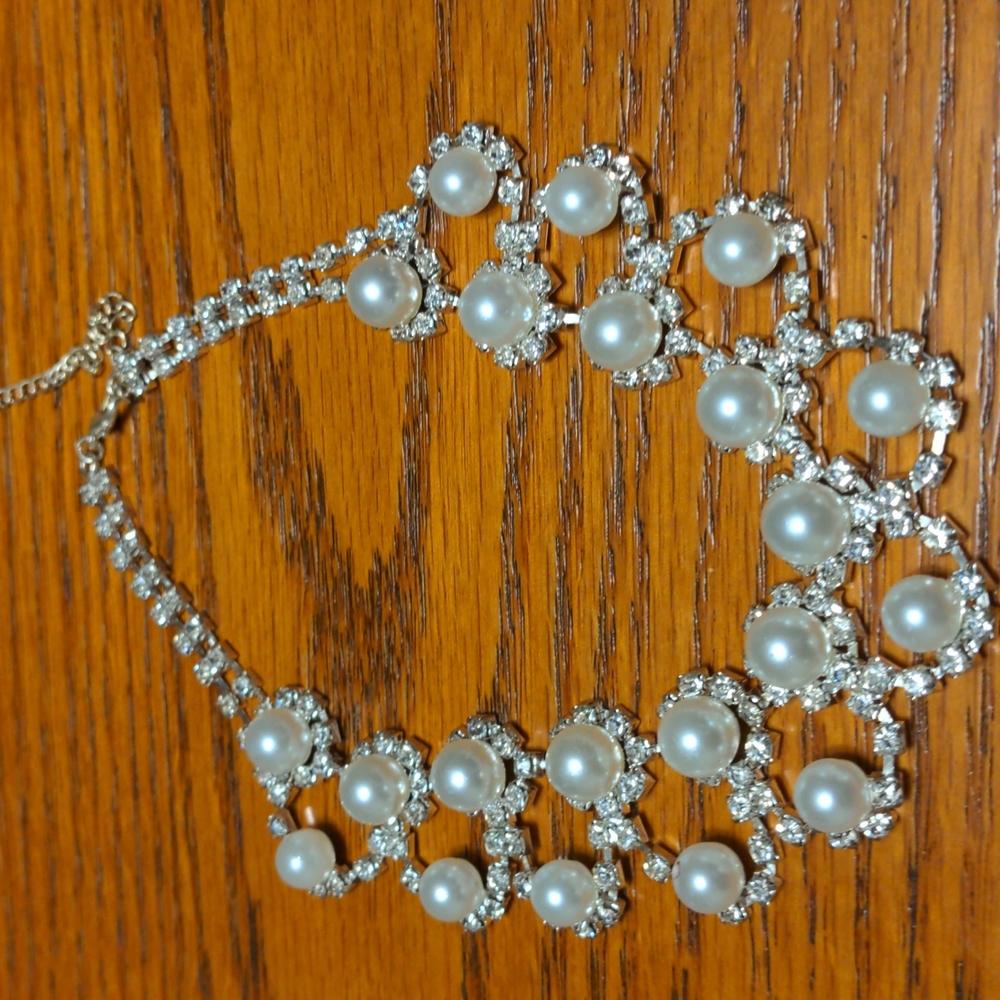 Rhinestone and Faux Pearl Silver Tone Choker